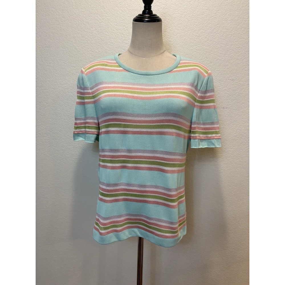 St John Sport Marie Gray Knit Top Strip Pastel Sz M Short Sleeve Quite Luxury